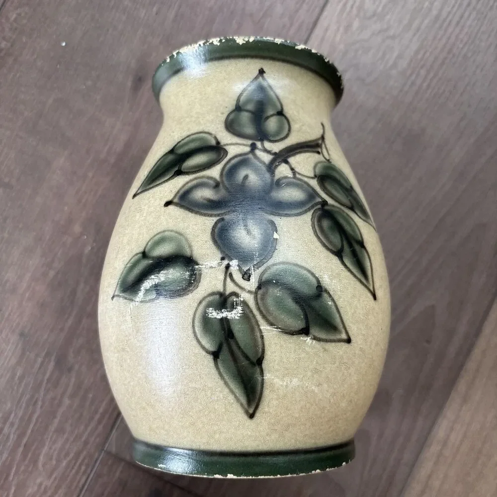 Knabstrup Keramik Bulbous stamped numbered hand painted MCM 40s 50s Danish vase.